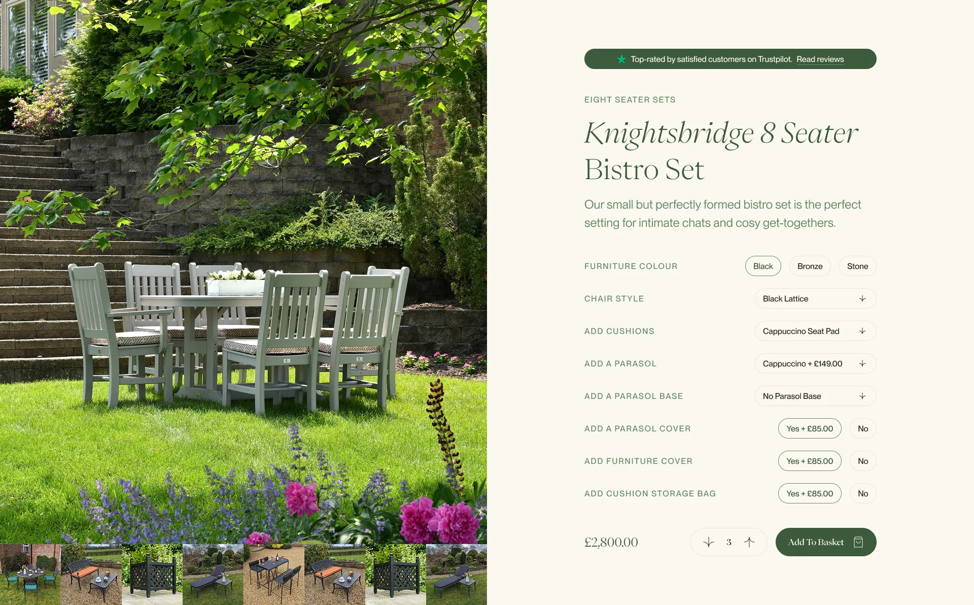 A screenshot of the product configuration section, including option images and an 'Add to Basket' button